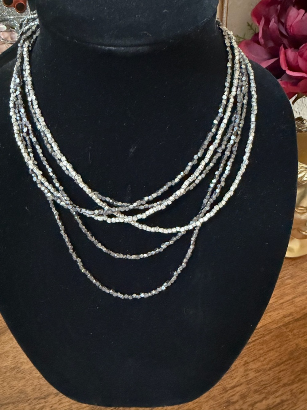 Multi-Strand Metallic Bead Necklace - Sparkling Gray and Silver